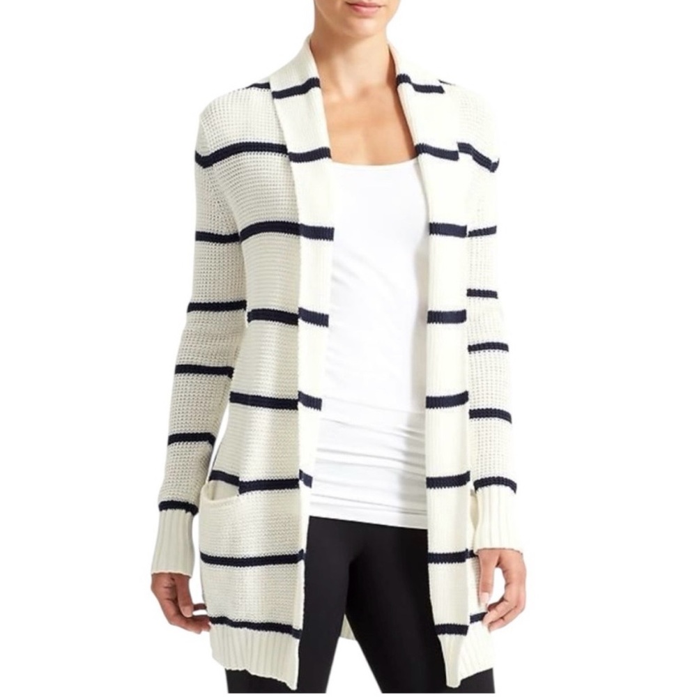 Athleta Cream and Navy Striped Open-Front Cardigan